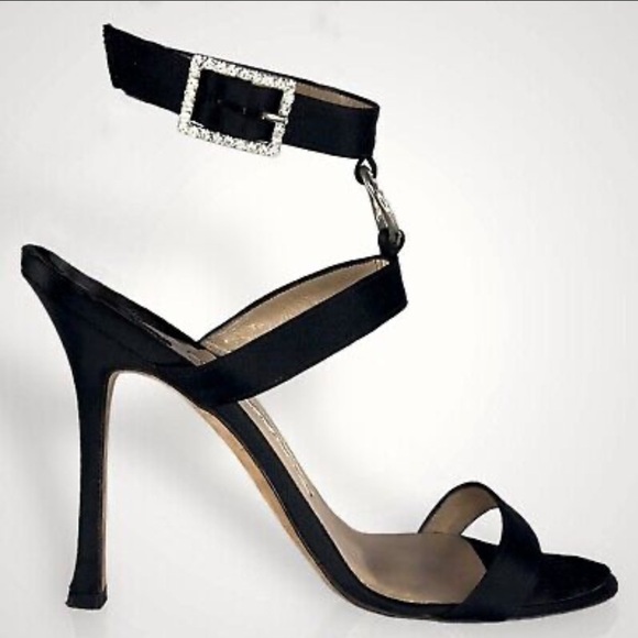 Manolo Blahnik Crystal Buckle & Ring Black Suede Open Toe Sandal Heel - Size 38 - Picture 1 of 12